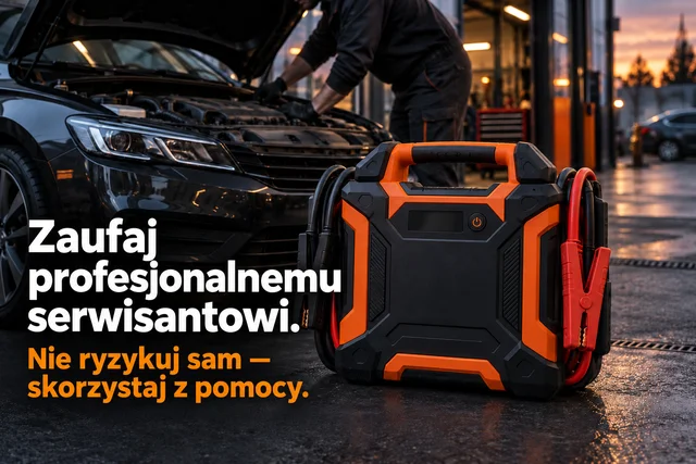 Duży booster i serwisant przy samochodzie. Zaufaj profesjonalnemu serwisantowi. Nie ryzykuj sam — skorzystaj z pomocy.
